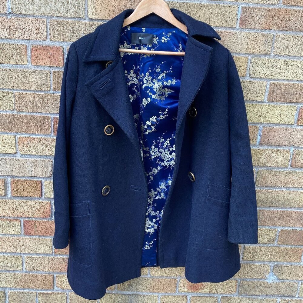 Vintage 1998 Flippa K Floral Print Pea Coat Small Navy Blue
